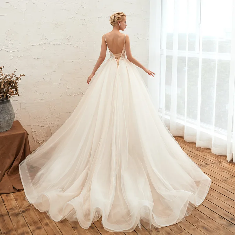 Роскошное Свадебное платье с длинным шлейфом Vestido De Noiva Романтические свадебные платья без спинки платье с жемчугом De Mariee