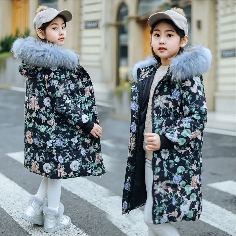 

Winter Down Jacket Girl New Korean Print Children's Down Jacket Girls Long Down Jacket
