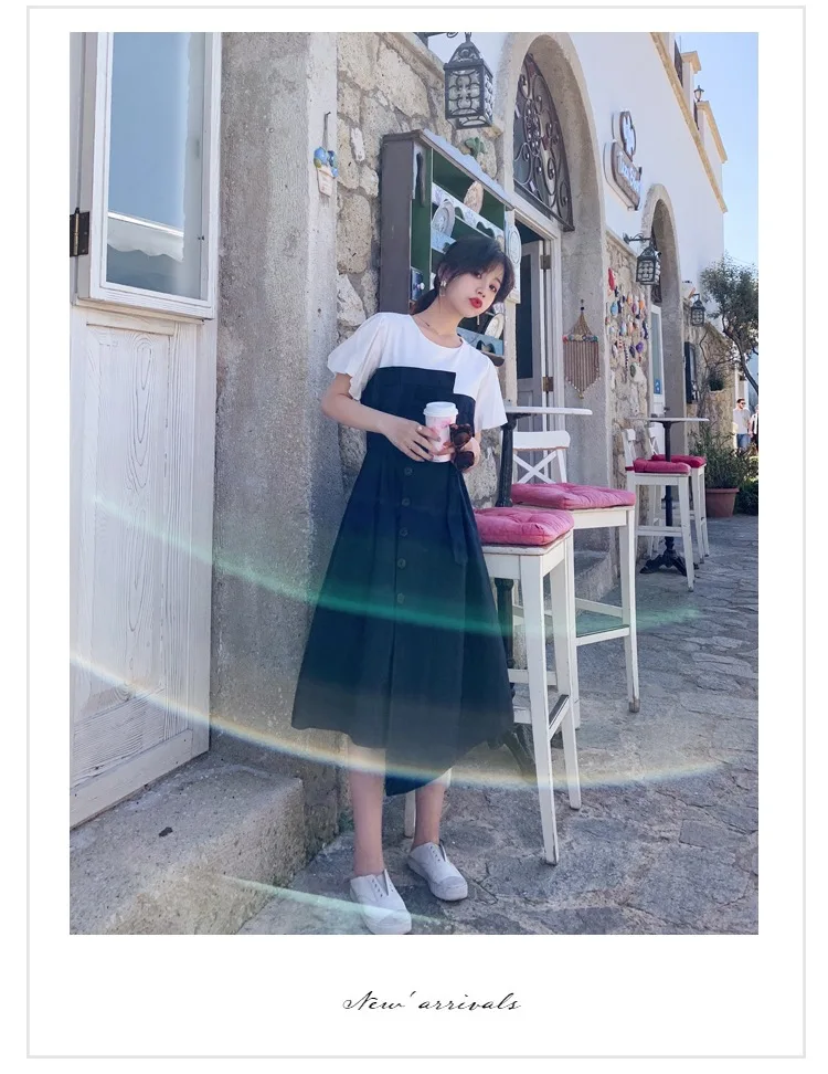 Забавное контрастное цветное соединение для фотосессии, платье-футболка из двух предметов, платье трапециевидной формы со шнуровкой на талии
