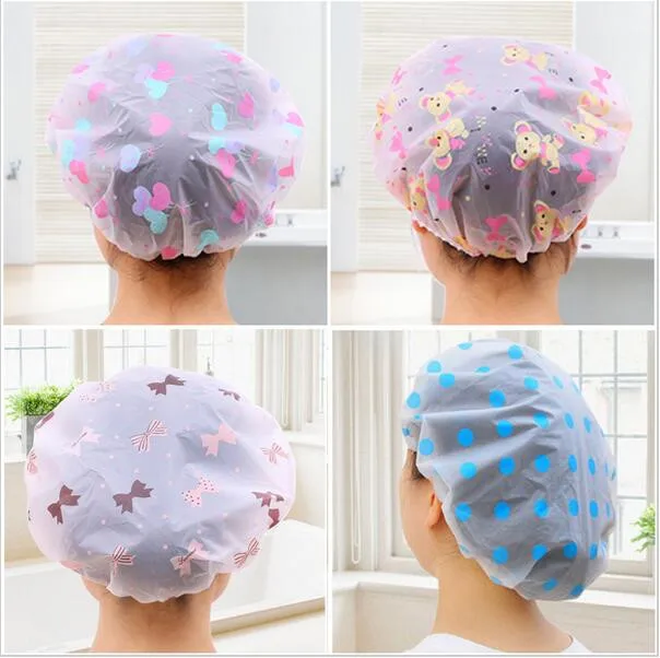 Dot Waterproof Shower Cap Thicken Elastic Bath Hat Bathing Cap for Women Hair Salon Bathroom Products 1pc Color Random