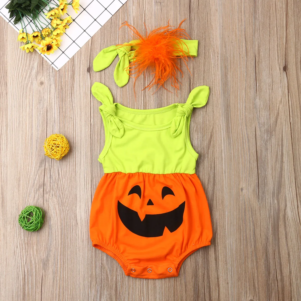 

Pudcoco Newborn Baby Girl Clothes Sleeveless Halloween Pumpkin Print Romper Jumpsuit Headband 2Pcs Outfits Halloween Clothes