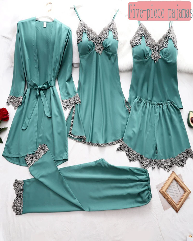 Four seasons new five-piece set with chest pad imitation silk feminine night gown, bathrobe, home service, long-sleeved pajamas