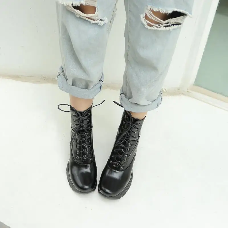 ALLBITEFO high heel leisure genuine leather ankle boots new brand fashion girl boots lace up Autumn Winter women boots