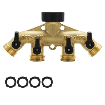 

4 Way Brass Hose Splitter, Heavy Duty Garden Hose Connector with 4 Shut-Off Valves 3/4 for Garden Irrigation Watering