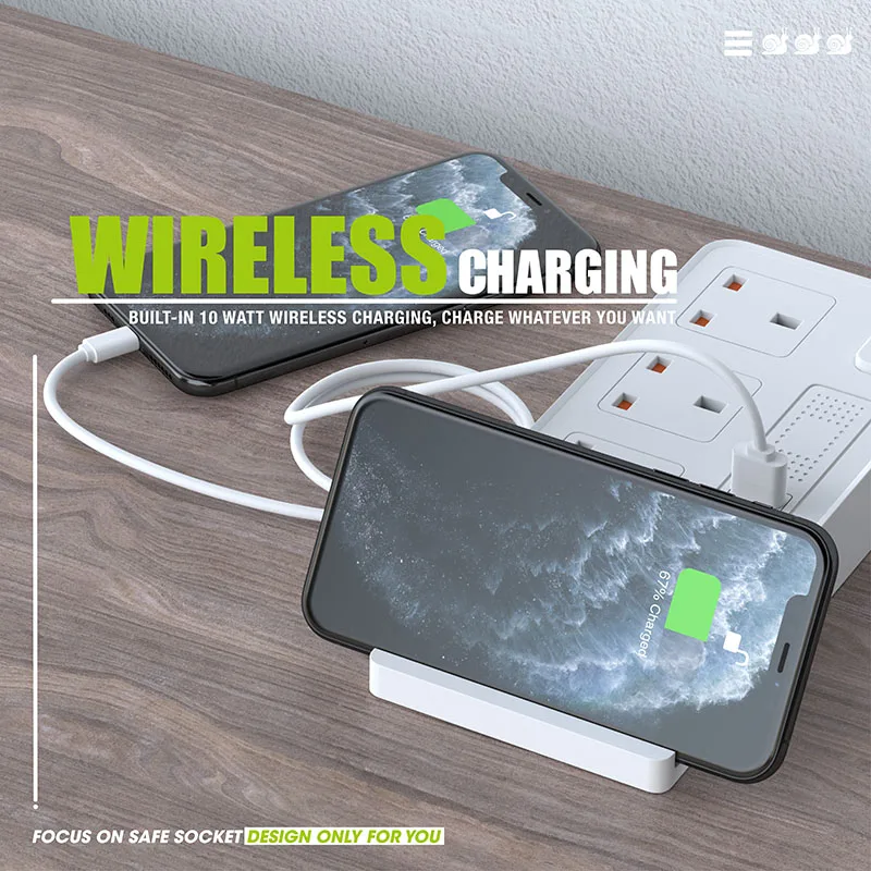 Tira de Energia Inteligente com Carregador sem Fio Carregador Rápido Desktop Tomada Estação Carregamento 3ac Interruptor Soquete Universal 2usb +qc 3.0 - Image 4
