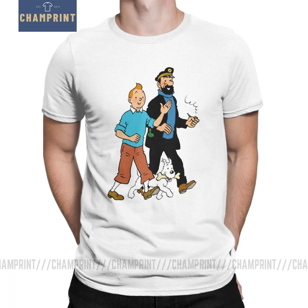 Skup Tintin i Captain Haddock T Shirt dla mężczyzn bawełniane t shirty na co dzień wycięcie pod szyją przygody Tintin Tee odzież z krótkim rękawem