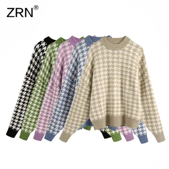 

ZRN Women geometric khaki knitted sweater women casual Houndstooth lady pullover sweater female Autumn winter retro jumper