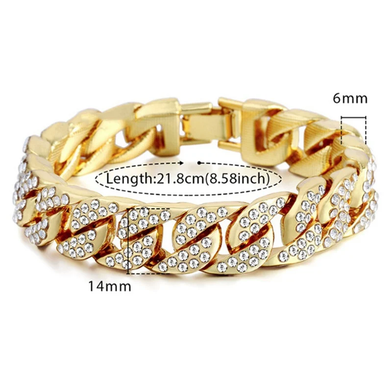 14mm Cuban Bracelet For Men Gold Silver Color Hip Hop Rhinestones CZ Rapper Bracelet Jewelry