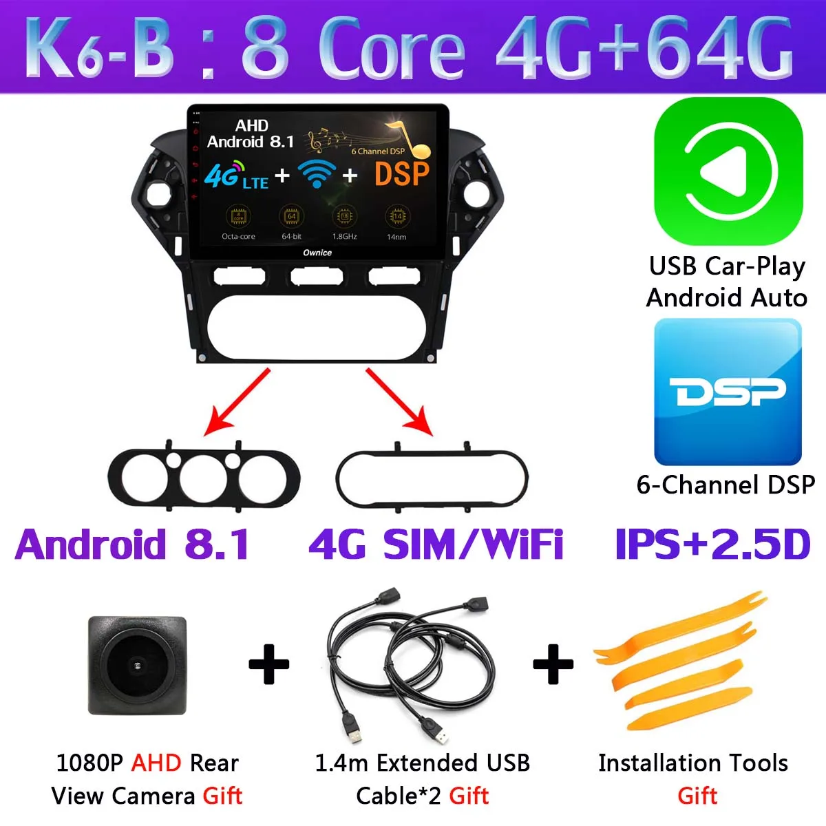 K6-B-CarPlay 360°Pano ram ic 4×камера 4G LTE 4 Гб ram+ 32 Гб rom Android 9,0 Автомагнитола для Ford Mondeo 2011 2012 gps навигация SPDIF DSP CarPlay - Цвет: K6-B-CarPlay