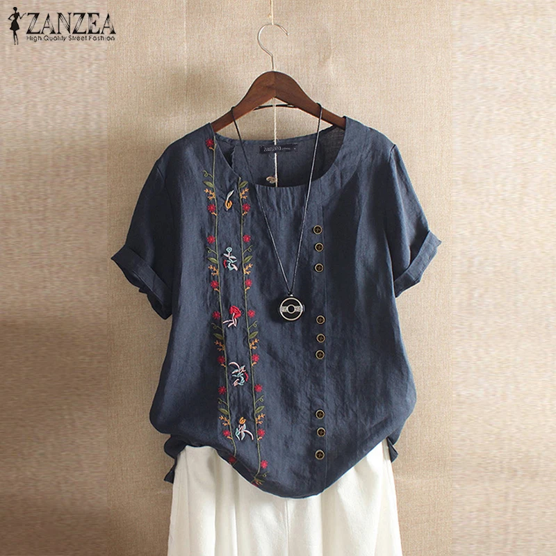 ZANZEA, летняя рубашка с вышивкой и коротким рукавом, Женская винтажная хлопковая льняная блузка, женские богемные блузы, Повседневная Туника, топы, сорочка - Цвет: Navy
