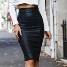 Женская Однотонная юбка до колена с высокой талией из искусственной кожи с разрезом сзади