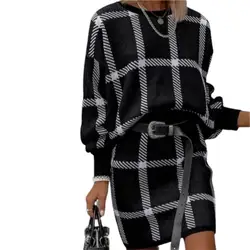Saia feminina terno retro impresso xadrez pulôver mini vestido outono inverno senhoras elegante de malha solto fitting vestido para uso diário