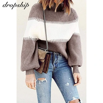 

Women's Knitted Sweater 2020 Autumn And Winter New Women's Casual Turtleneck Colored Striped Thick Loose Pullovers Sweaters