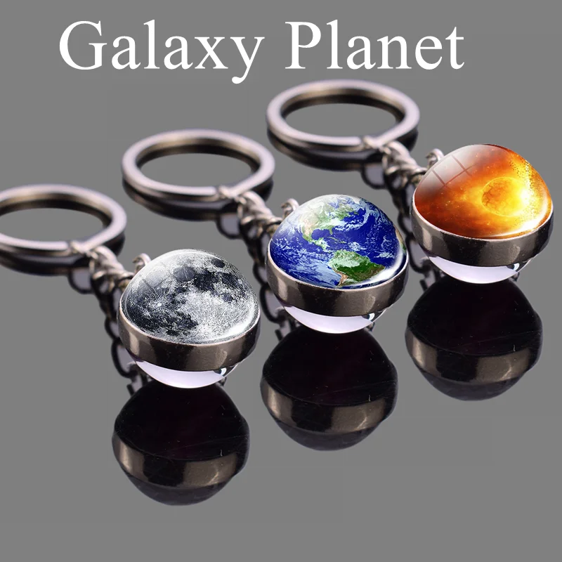 

Moon Earth Sun Crystal Ball Key Chain Galaxy Planet Nebula Jupiter Pendant Double Sided Glass Ball Jewelry Gift Free E Packet