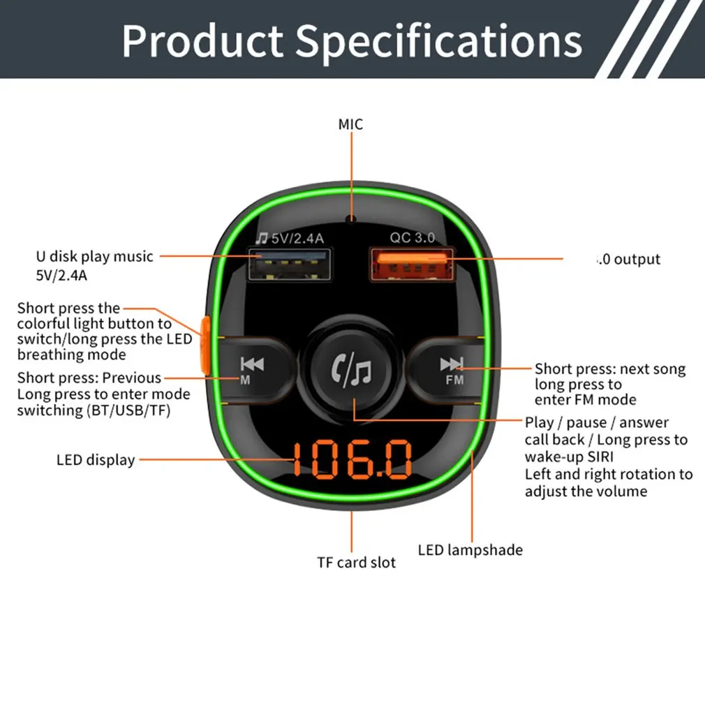 12v24v BC52 автомобильный комплект громкой связи беспроводной 5,0 fm-передатчик модулятор USB музыкальный аудио mp3-плеер автомобильный аудио
