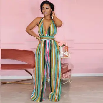 

Multi Color Striped Fashion Women‘s Jumpsuit Sexy Halter Deep Neck Boho Loose Leg Long Trousers Summer Beach Cover Up Rompers