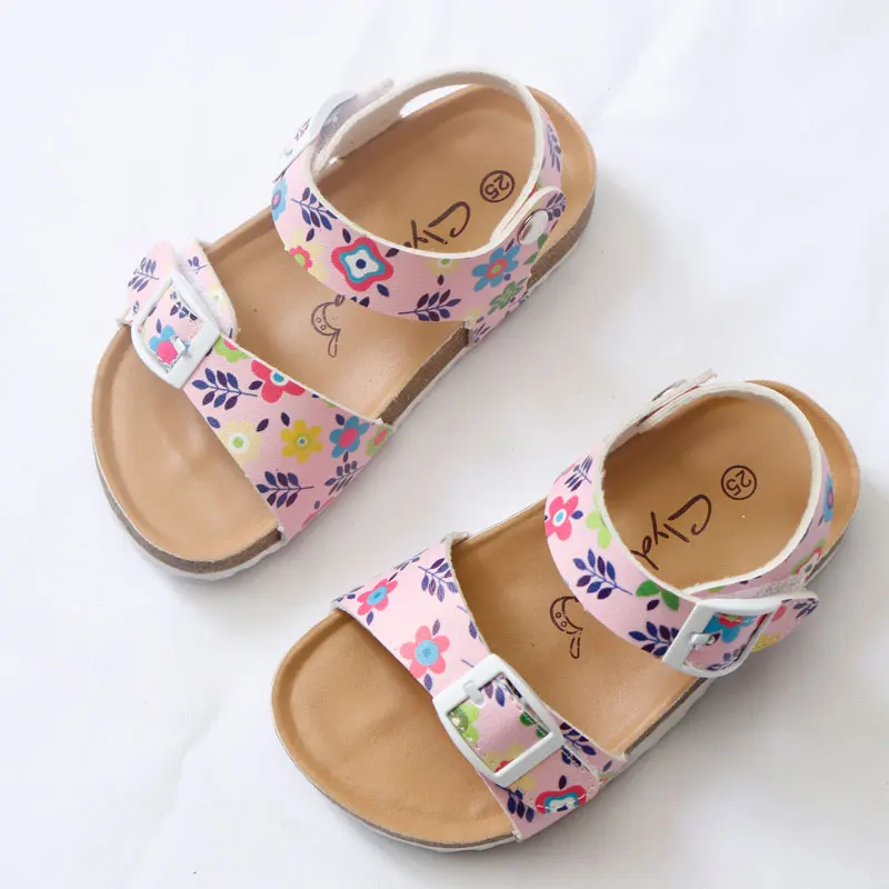 

2020 Summer Girls Sandals Printing Pu Leather Corks Open Toe Slides Flats with Little Girl Shoes for School 2-12 Years Toddler