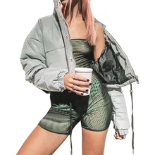 Vertvie Светоотражающая куртка, зимние теплые парки, модная верхняя одежда на молнии, Женское пальто с подкладкой большого размера, Женская Сексуальная Короткая Повседневная куртка