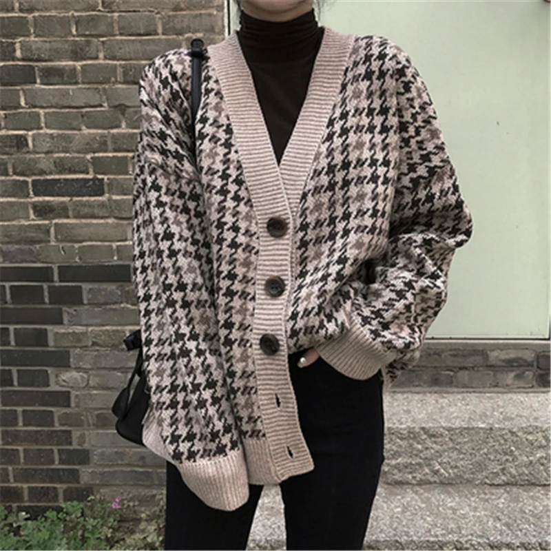 

Retro Houndstooth Cardigan Women Fall Winter Korean Chic Casual Loose V-neck Knit Sweaters Jackets Single Row Button Female Coat