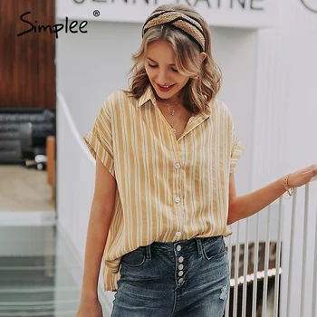 

Simplee Vintage striped women blouse shirt Half sleeve blouse shirt tops Casual spring summer holiday beach femme blusas top