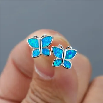 

Simple Female Blue Opal Stud Earrings Trendy Silver Color Butterfly Earrings Classic Animal Small Wedding Earrings For Women