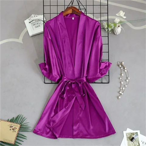 Зеленое шелковое платье подружки невесты халат атласный пикантные Для женщин короткий атласный свадебное кимоно халаты пижамы Ночная рубашка платье женская ночная рубашка в комплекте с купальным халатом - Цвет: purple Bridesmaid
