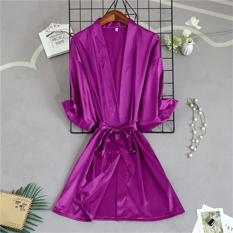purple Bridesmaid Зеленое шелковое платье подружки невесты халат атласный пикантные Для женщин короткий атласный свадебное кимоно халаты пижамы Ночная рубашка платье женская ночная рубашка в комплекте с купальным халатом - Цвет: purple Bridesmaid