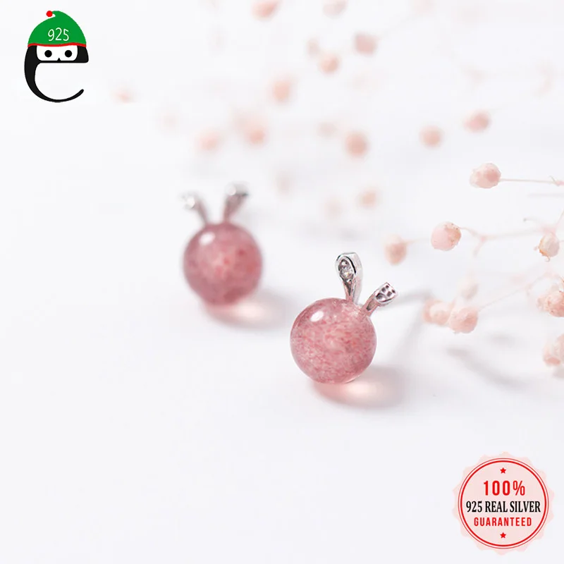 

ElfoPlataSi 925 Sterling Silver Jewelry 6mmX8mm Strawberry Crystal Rabbit Ear Stud Earrings for Girl Friend Kid Lady Gift XY873