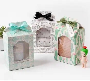 

50pcs/lot Folding Paper Window Visual Toy Packaging Box Wedding Present Box PVC Window Green Color Birthday Party Gift Boxes