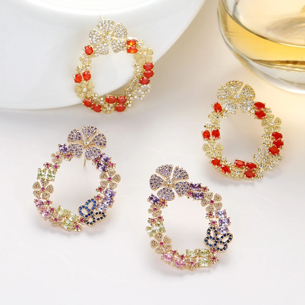 New Luxury Round Flower Women Stud Earrings Inlay Multicolor Zirconia Big Studs for Dubai Wedding Bridal Earing Fashion Jewelry