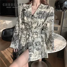 Cheerart Винтажный Длинный блейзер женские цветочные блейзеры с принтом и куртки пальто Женский блейзер с поясом осень одежда