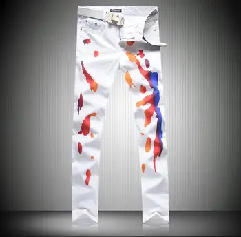 

Mens White Print Jeans Fashion Painting Pattern Designer Skinny Hip Hop Casual Pants
