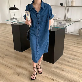 

2020 Summer Casual Denim Dress Women Loose Straight Pockets Casual Streetwer Short Sleeve Korean Style Female Dresses