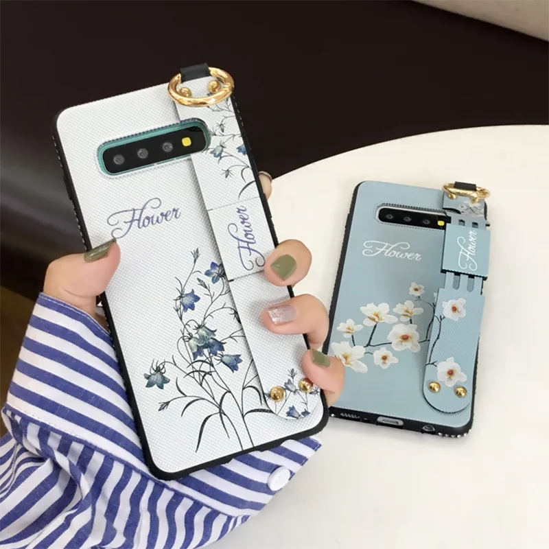 Чехол с ремешком на запястье для Samsung S20 S10 S9 S8 plus держатель цветочным узором iPhone 12