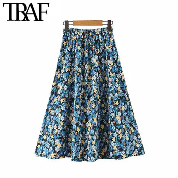 

TRAF Women Vintage Elegant Floral Print Pleated Midi Skirt Fashion A Line Elastic Waist Female Skirts Casual Faldas Mujer