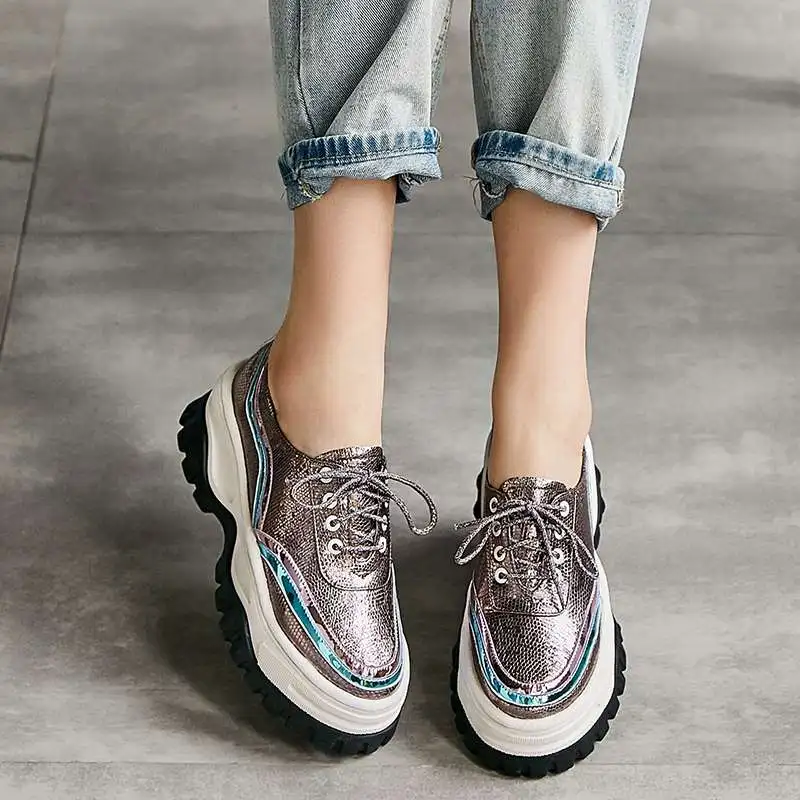 gun color sheep leather platform rivets lace up sneakers round toe hiking thick bottom non-slip leisure vulcanized shoes L21 - Цвет: gun color