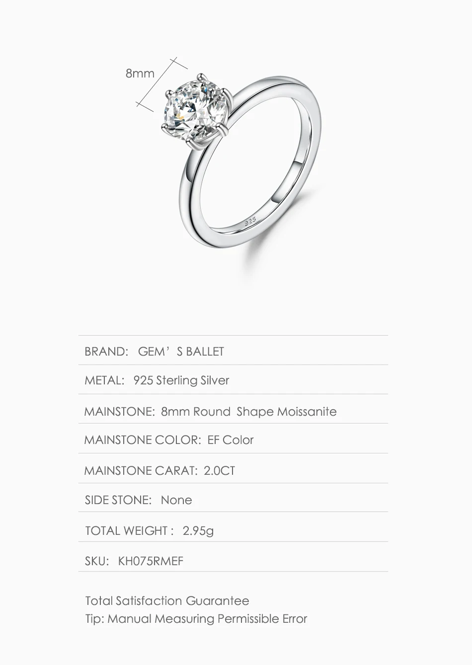 GEM'S балетные 925 пробы серебряные ювелирные изделия шесть зубцов 2.0Ct 8 мм EF цвет Муассанит солитер обручальные кольца для женщин