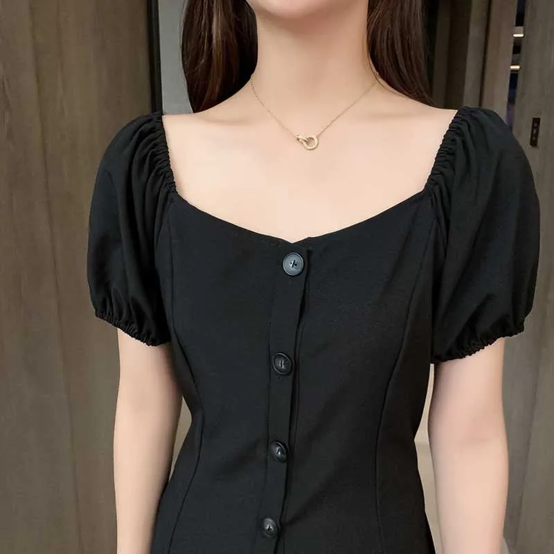 French Retro Puff Sleeve Square Collar Dress Women 2020 Summer Plus Size Single-Breasted Elegant Dress Korean Office Party Dress