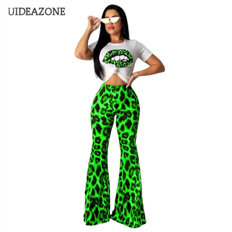 UIDEAZONE Leopard Mouth Print Women Two Piece Set Casual O Neck Pullover T Shirts Flare Pants Ladies 2Pcs Sets 2 Pieces Suits