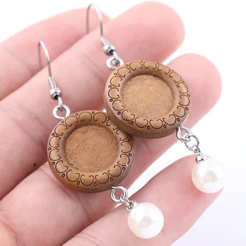 

10pcs 12mm Wood Cabochon Earring Base Settings With Pearl Charms Diy Ear Hooks Stainless Steel findings For Jewelry Making