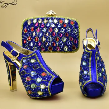 

Latedt fashion royal blue high heel pump shoes and handbag set with colorful rhinestones 988-3, heel height 12cm