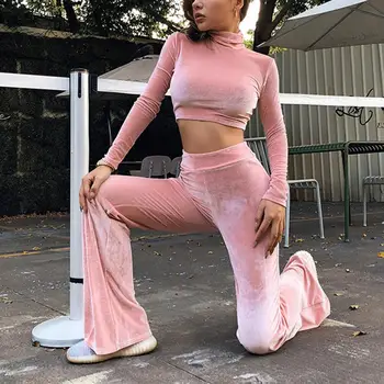 

2020 Women's European and American Winter Fashion Turtle Neck Sweatshirt Cropped Top Wide Leg Pants Sportswear