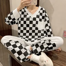 

Women's Pajamas 2022 New Four Seasons Wearable Long-Sleeved Pajamas Suit Plaid Printed V-Neck Home Service