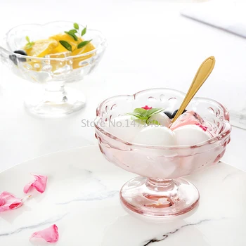 

Japanese-style Love European-style Peach Heart-shaped Petal Salad Bowl Tall Glass Ice Cream Cup Carved Ice Cream Salad Cup