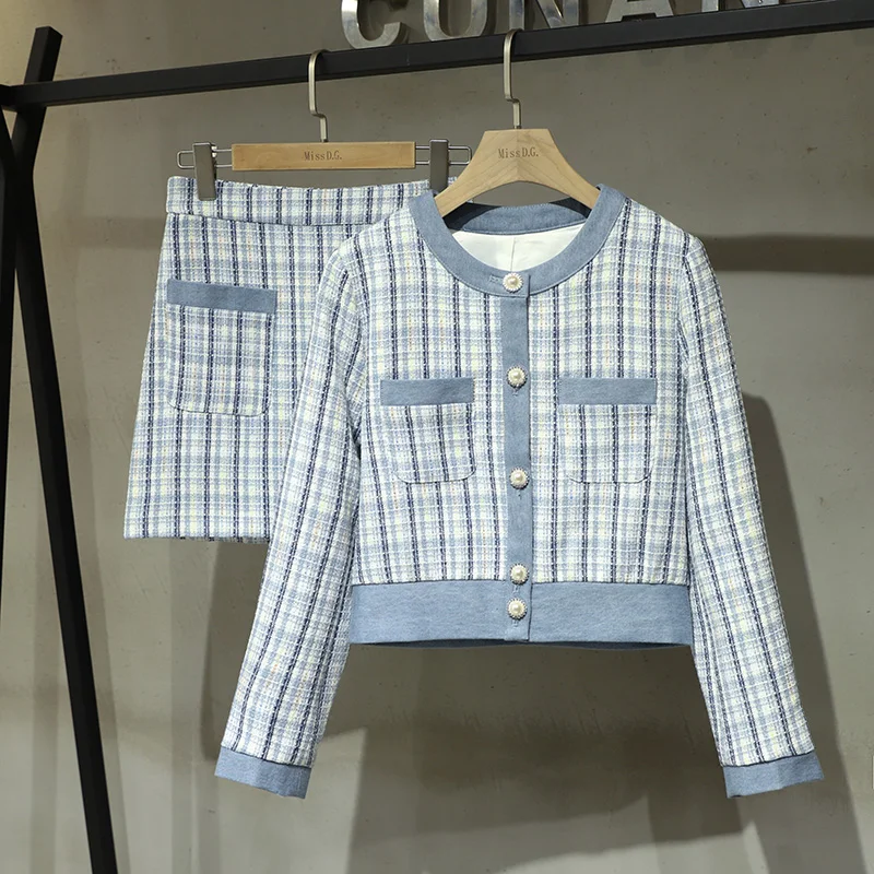 

Autumn Winter Tweed Suits Vintage England Style Plaid Woolen Short Jacket Blazer Coat Crop Top + Mini Skirt 2 Piece Set Women