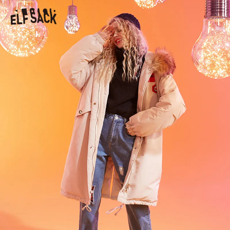 ELFSACK, серый, однотонный, с принтом лисы, корейский стиль, теплый пуховик для женщин, зима, бежевый, с завязками на талии, Повседневная Женская парка, верхняя одежда