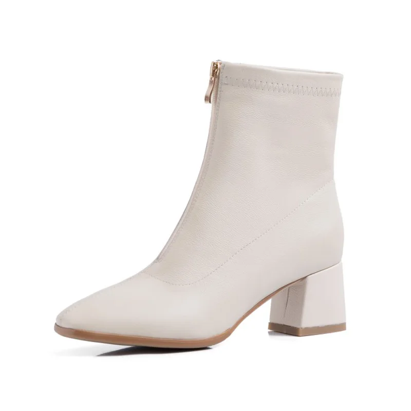 

Genuine Soft Leather Ankle Boots Women Winter Mid Heels Shoes A375 Woman Round Toe Boot Sewing Black Beige Zipper Fashion Boots