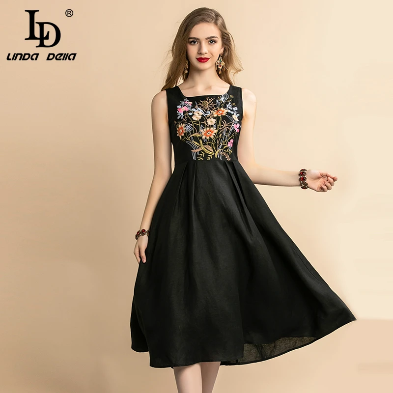LD LINDA делла осеннее модное подиумное платье для отпуска женское элегантное платье без рукавов с цветочной вышивкой праздничное черное винтажное платье