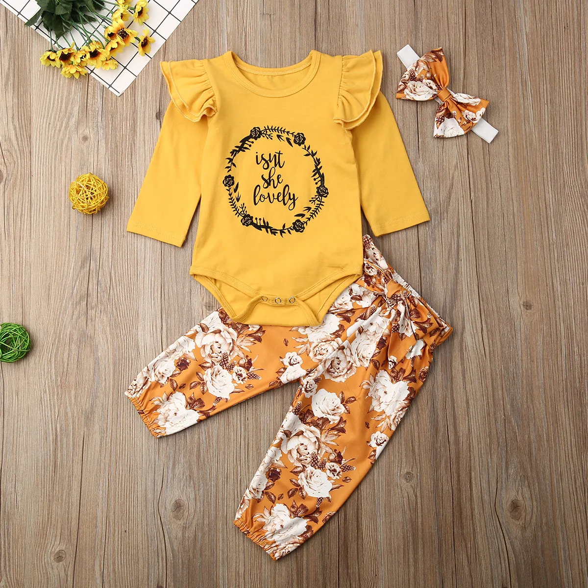 

Newborn 3Pcs Baby Girls Clothes Sets 2020 Ruffles Letter Romper+Floral Pants+Headband Spring Fall Baby Girl Cotton Outfits 0-24M