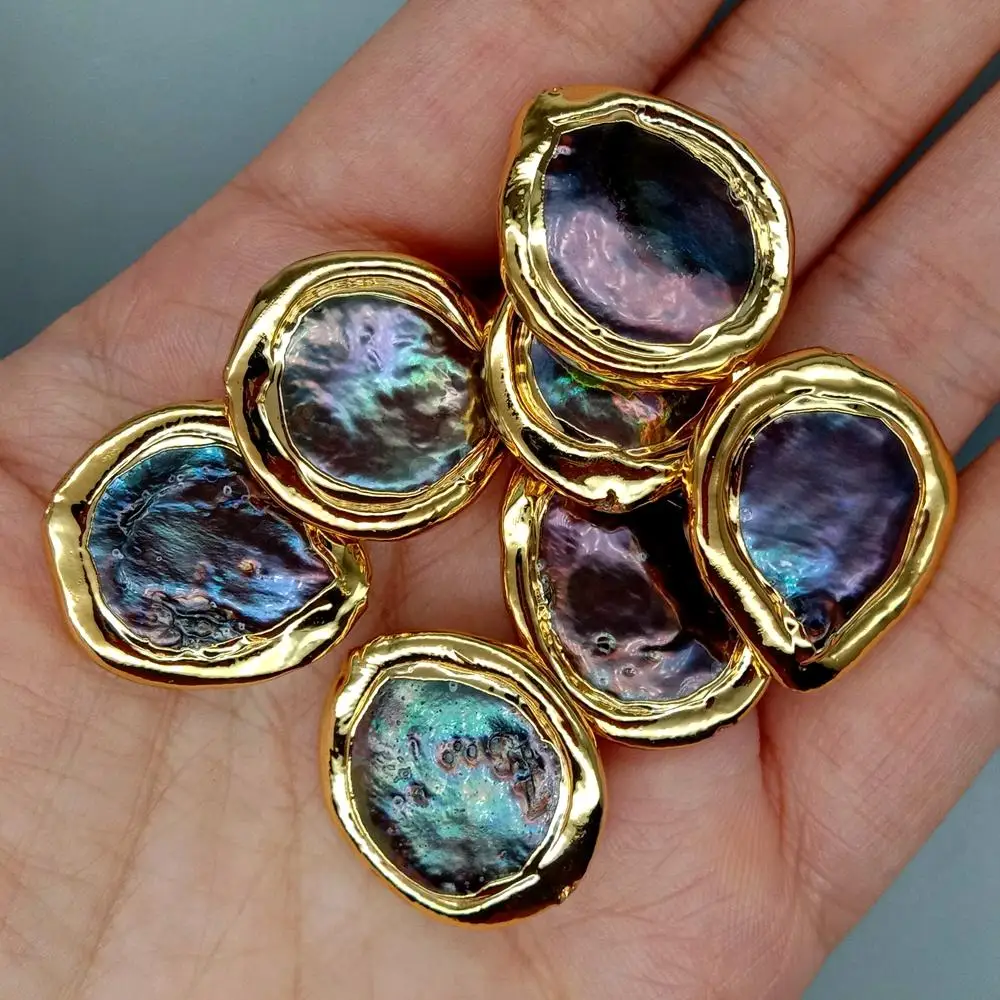 10 Pcs Freshwater Black Pearl Spacer Loose Beads Coin Shape Metal Plated | Украшения и аксессуары